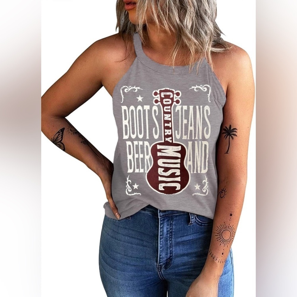 NWT- IRISGOD Women’s High Neck Tank Top Graphic Halter Sleeveless Rocker T-Shirt